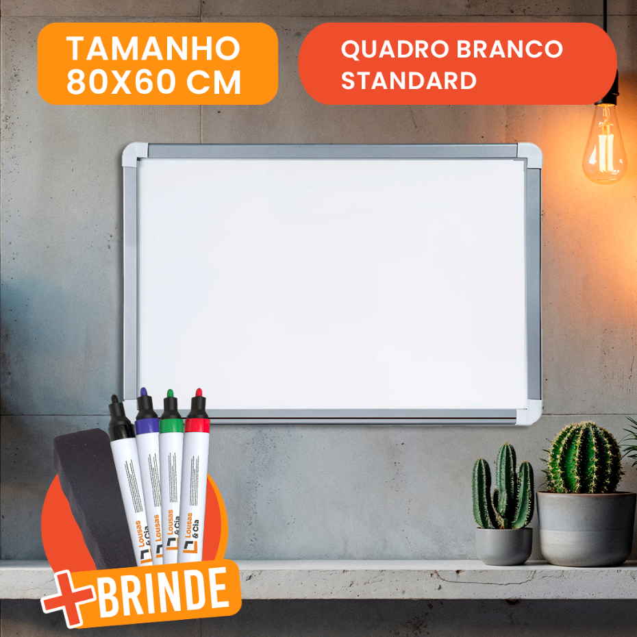Quadro Branco 80x60cm Lousa Branca Standard Moldura MDF Alumínio + 4 Canetas + 1 Apagador