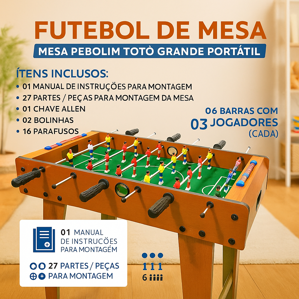 Totó Futebol de Mesa Grande Portátil Com Acessórios Inclusos Ideal Para Lazer em Família Mesa Pebolim