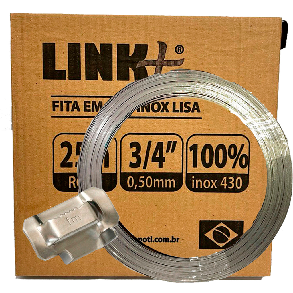 Fita Fusimec 3/4 Em Aço Inox Lisa Rolo 25 Mts + 30 Fechos - LINK+
