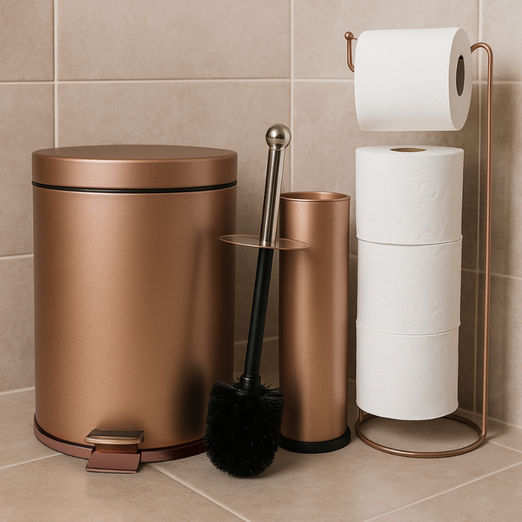 Lixeira Rosê Gold Premium 3 Litros Escova Sanitaria p/ Privada e Porta Papel Higiênico Grande