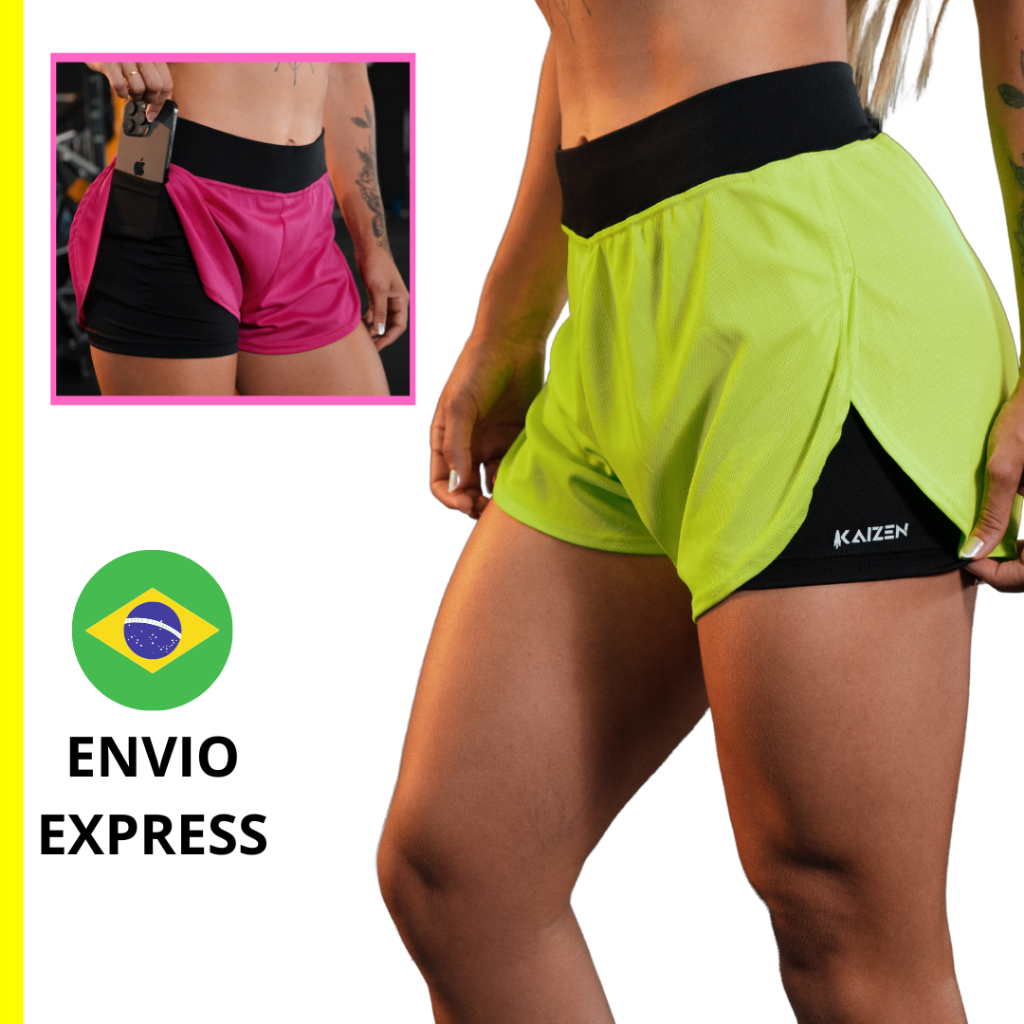 Shorts compressão 2 em 1 feminino para academia, caminhadas, corrida, treino, praia, beach Kaizen