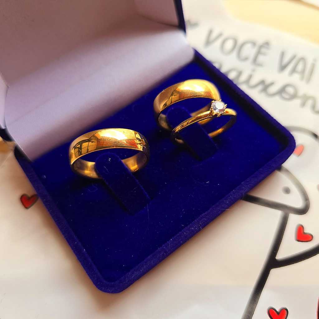 Par de alianças Suíça  casamento banhado a ouro 18k lisa 6mm + Anel solitário (COD-15)