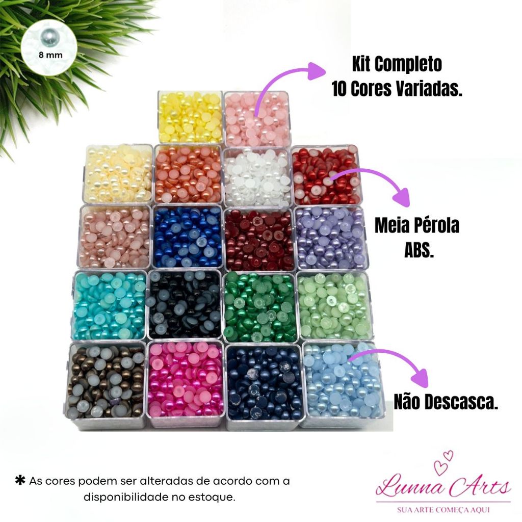 Kit Meia Pérola 8mm Abs 10 Cores 1.000 unidades Para Artesanato Customização em Oferta na Shopee