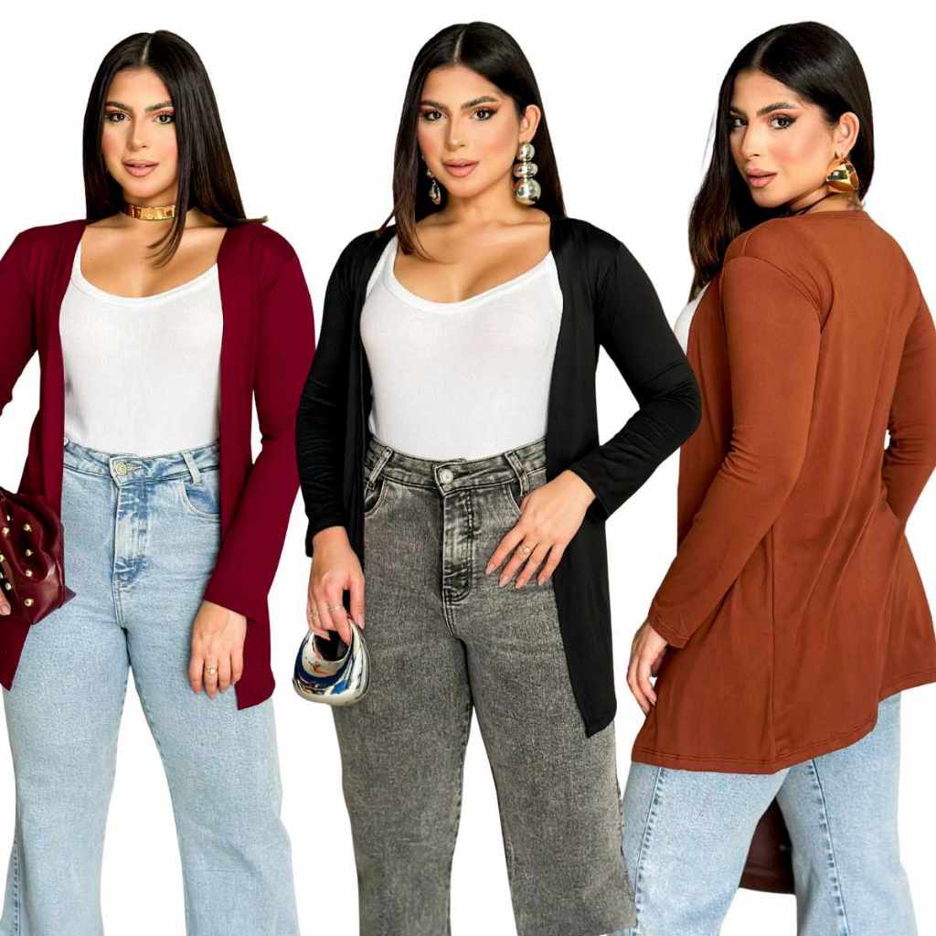 Casaco Cardigan Feminino Kimono Alongado em Suede Aberto Casual Social Confortável Blusa Manga Longa Inverno