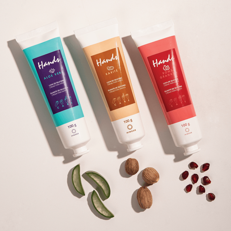 Luva de Silicone Hinode Hands Romã Aloe Vera Karité Creme para Mãos 100g