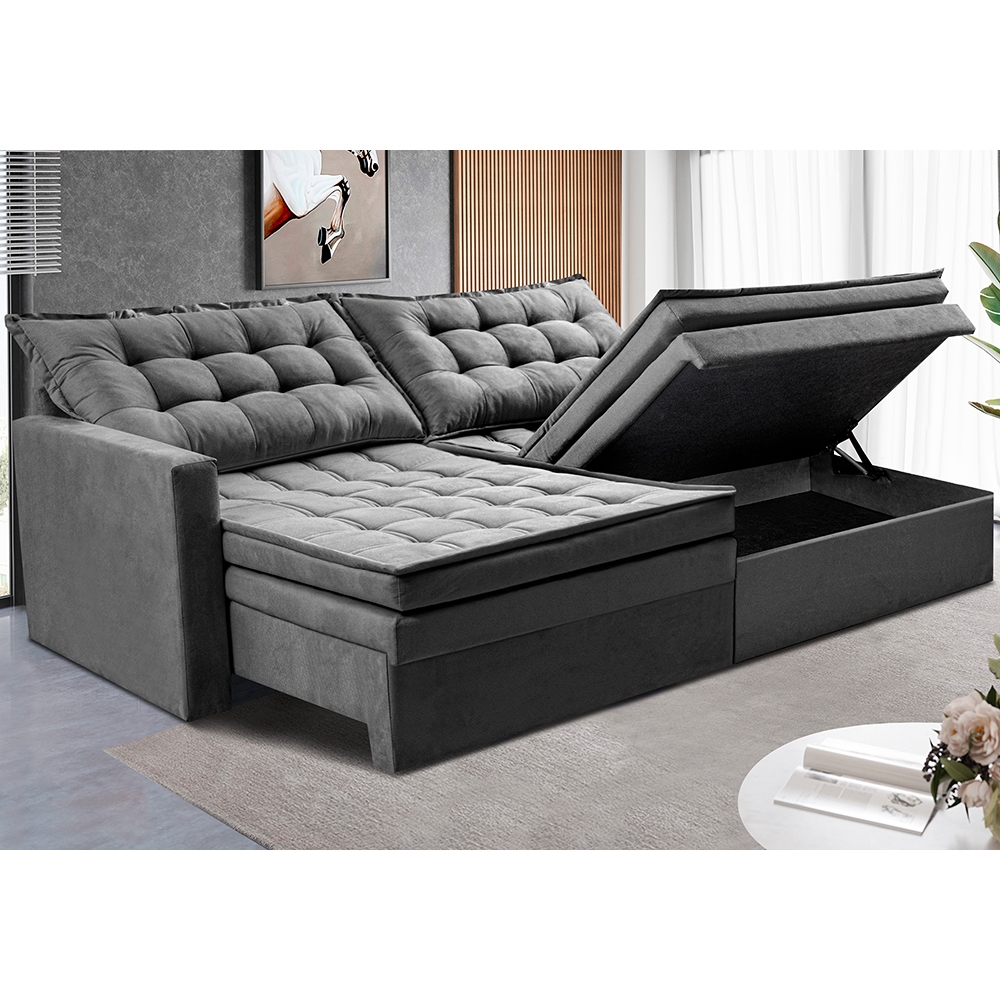 Sofá Sem Caixa Retrátil Baú 1,60m Cama inBox Secret Suede Velusoft Cinza - Home & Living