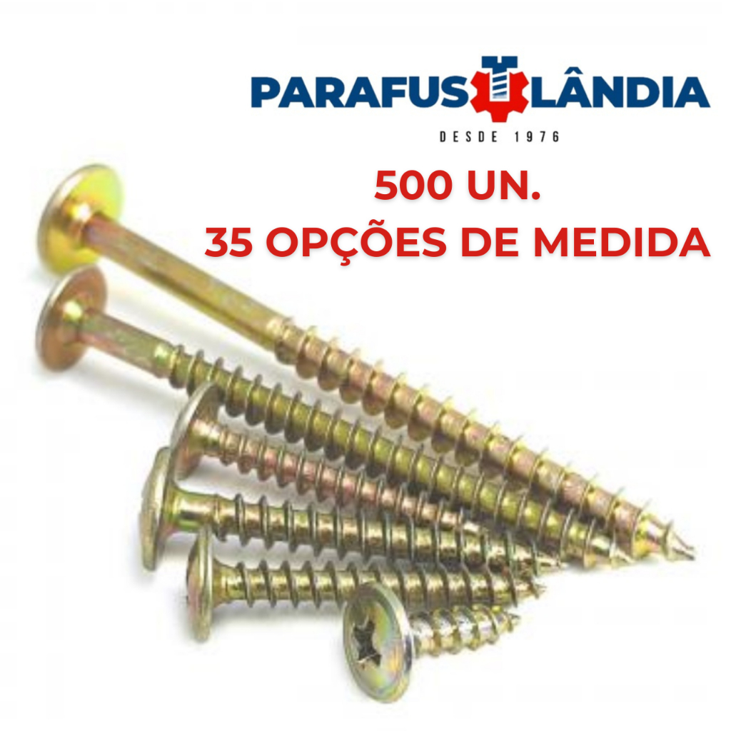 KIT 200 ou 500 Parafusos Chipboard Cabeça Phillips Flangeado Para Madeira MDF  Móveis Diversas Medidas