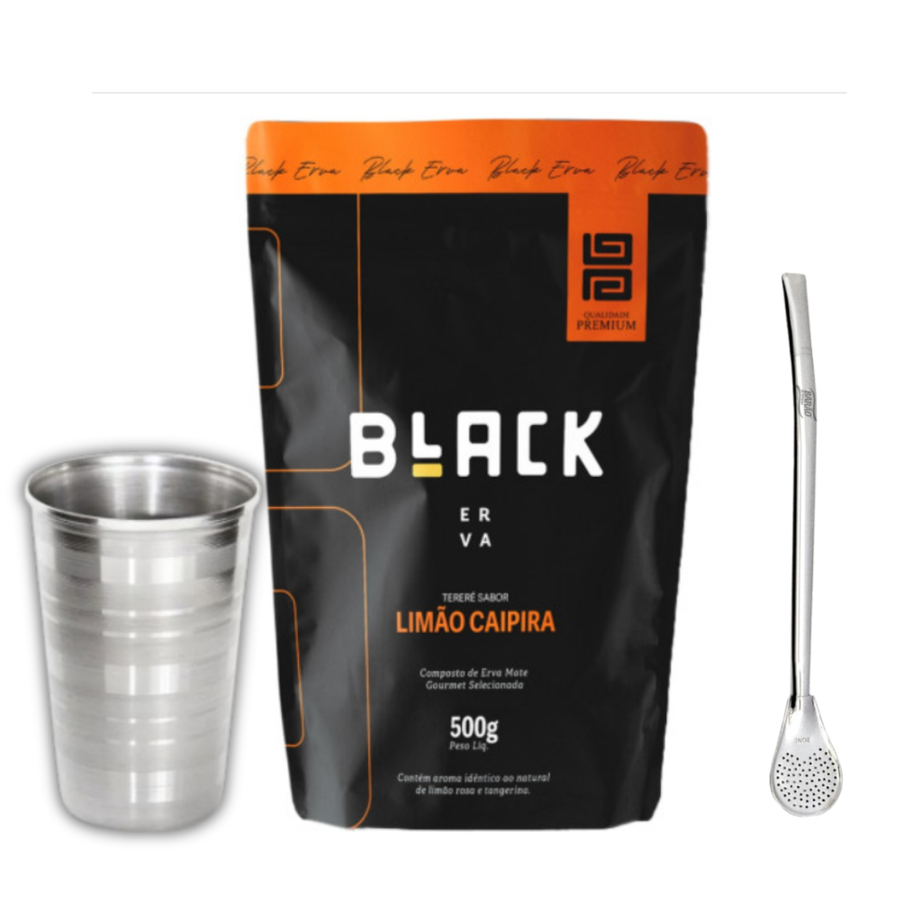 KIT TERERÉ BLACK  Erva Mate 500g Sabores + Copo Aluminio  + Bomba de Tereré Cromada