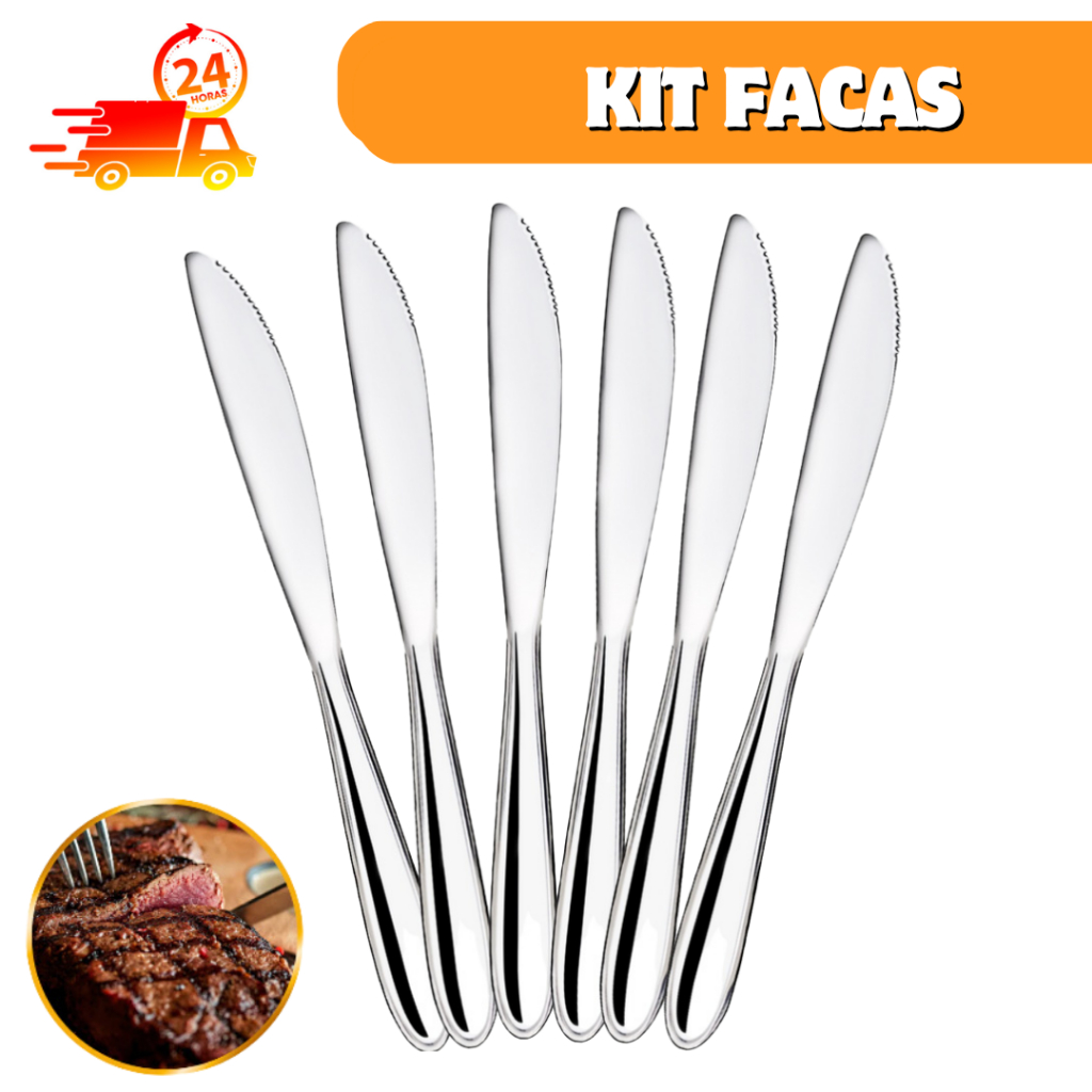 Jogo KIT Faca de Mesa, Churrasco com serra Talher restaurante de Aço Inox 21cm em Oferta na Shopee