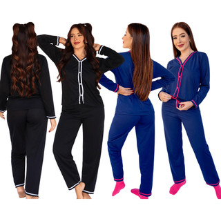 Conjunto Pijama De Frio Aberto Americano Manga Longa/ Pijama Feminino Aberto Botões Front…