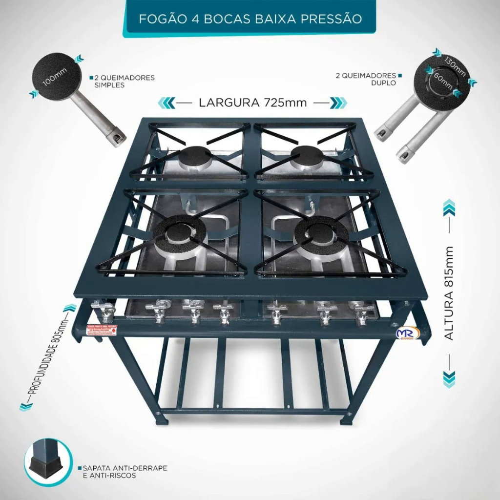 Fogão 4 Bocas Industrial Baixa Pressão Perfil 5 Com Grade 30 Cm Baixo Consumo De Gás Da MR Fogões