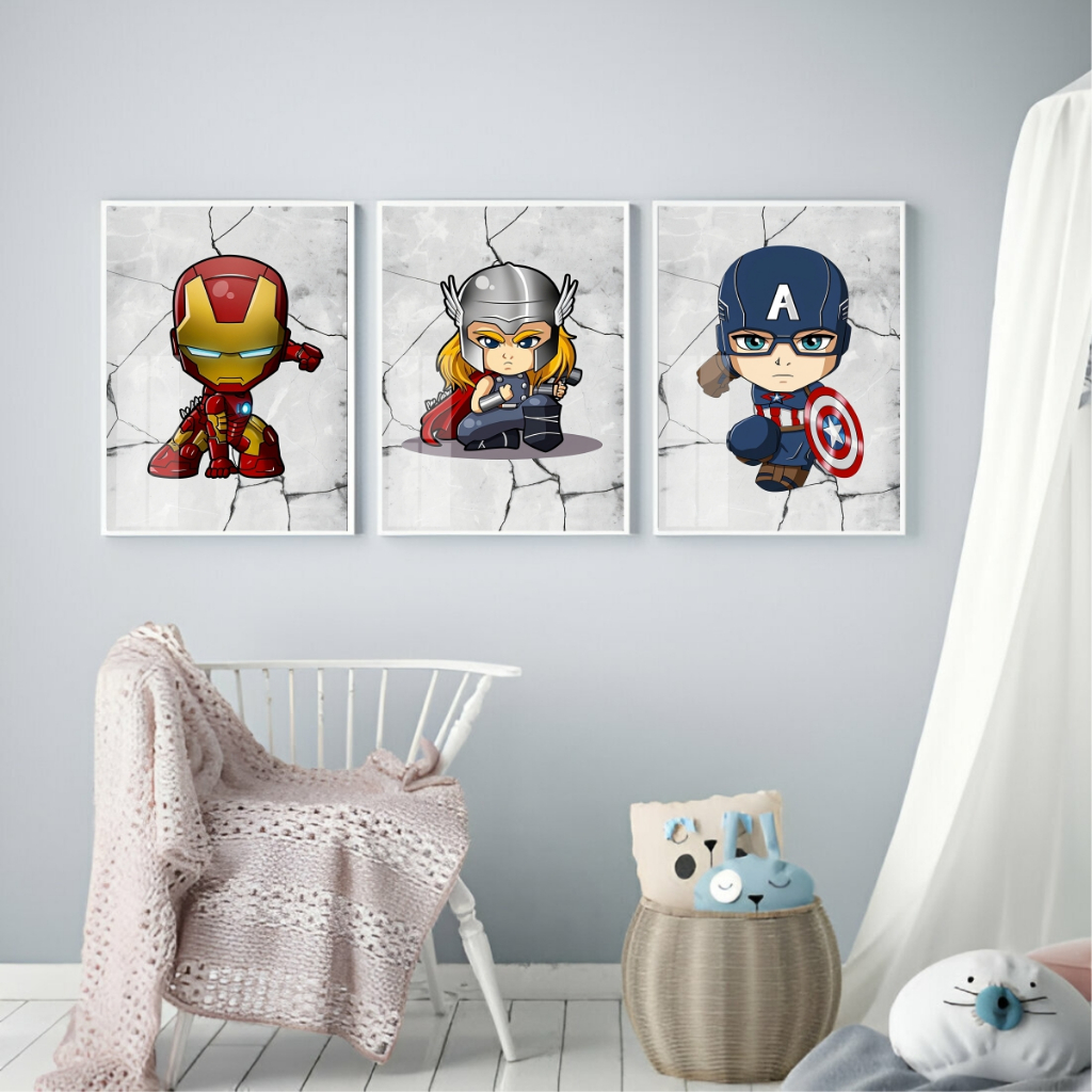 Quadro Moldura Vidro Kit Três Peças Heróis Homem de Ferro Thor Capitão América Quarto Bebê Kids