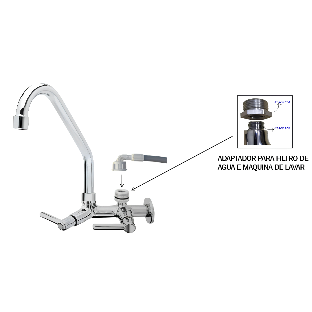 Torneira Para Cozinha De Parede Adaptador Para Filtro e Maquina De Lavar, Torneira Cromada