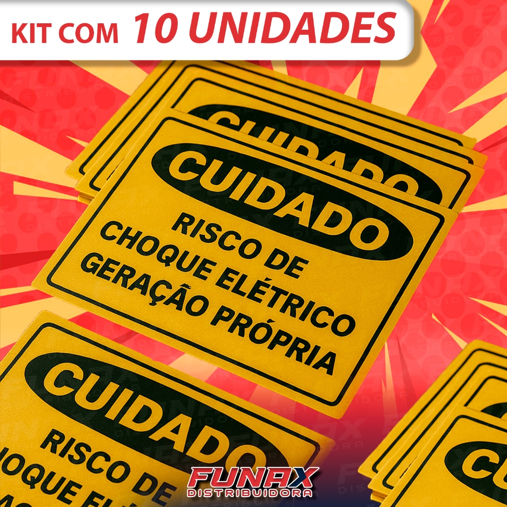 Kit c/ 10 Placas de Aviso "Risco De Choque Geração Própria"