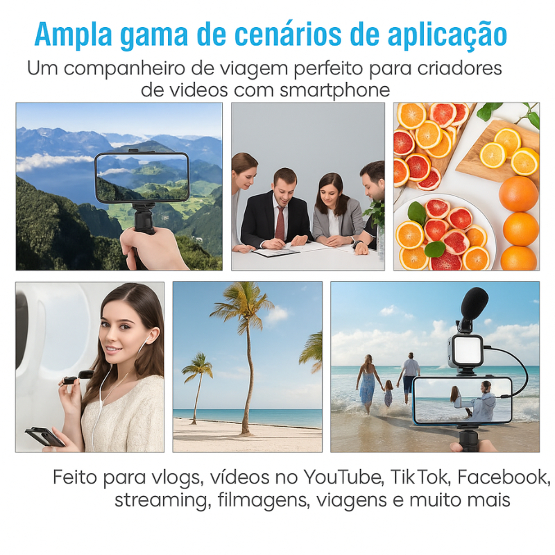 Kit de Filmagem e Video Maker Fotografia Luz Tripé Iluminador Microfone + Controle Bluetooth