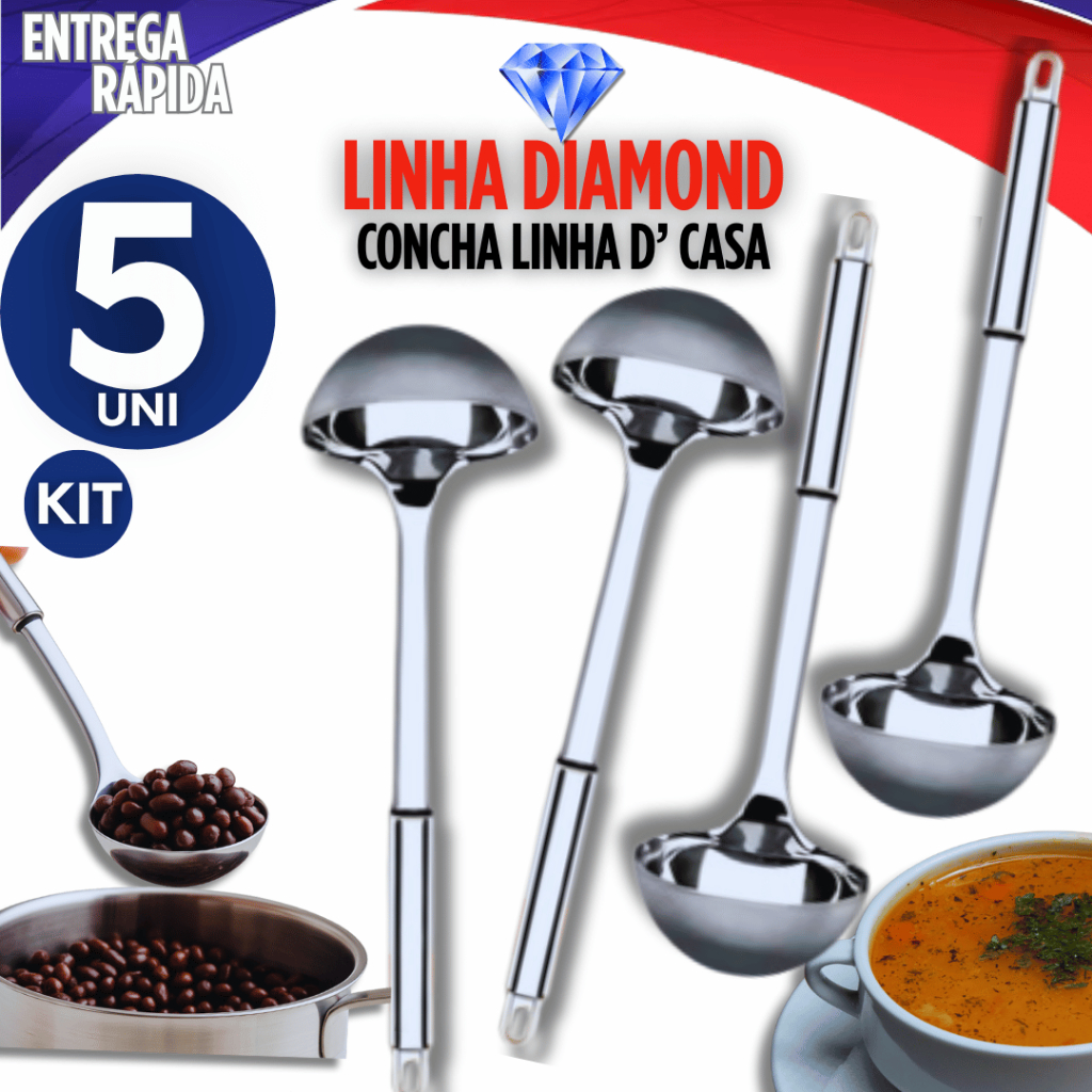 Kit 5 Concha de Aço 100% INOX utensílio de cozinha linha premium  Multiuso Resistencia e durabilidade para sua casa