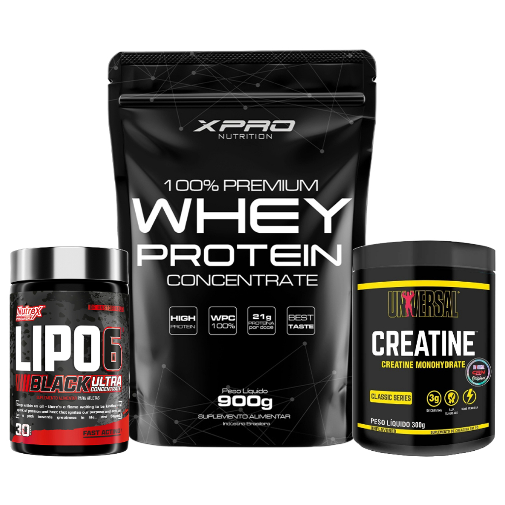 Kit Whey Protein 100% 900g - Xpro Nutrition+ Creatina 300g - Universal+ Lipo-6 Black 30 Cáps -Nutrex