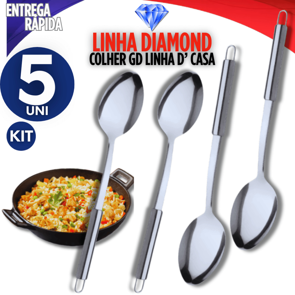 Jogo 5 Colher De Arroz Grande Cabo Longo 100 % Aço Inox 32cm Casa Restaurante Buffet PREMIUM Qualidade Garantida