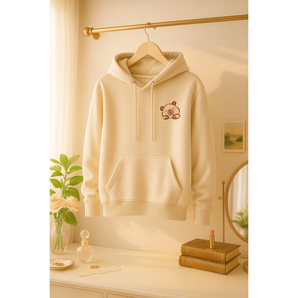 Moletom Blusa de Frio Premium Estampado Estampa Cute Minimalista Capivara Fofo Tumblr Delicado Feminino Bege Preto
