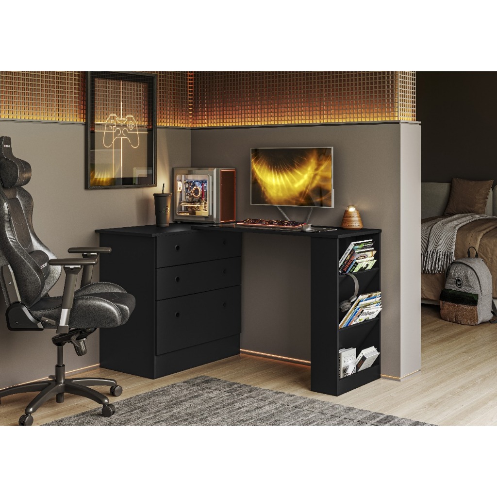 Mesa Escrivaninha Giratoria Com Armário Gamer Em Madeira 3 Gavetas Cor Preto