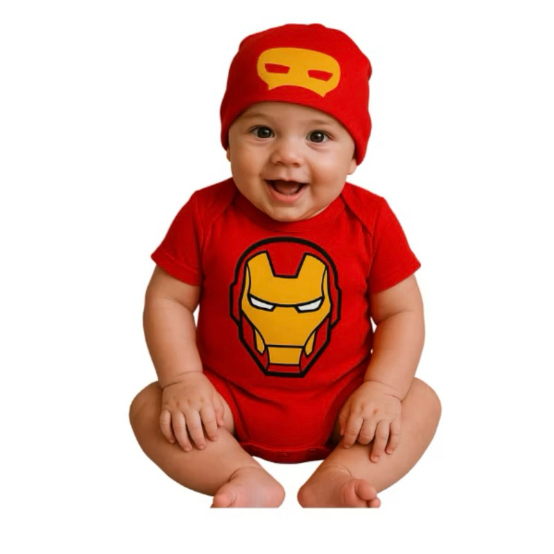 Body bebê mesversario homem de ferro + touca