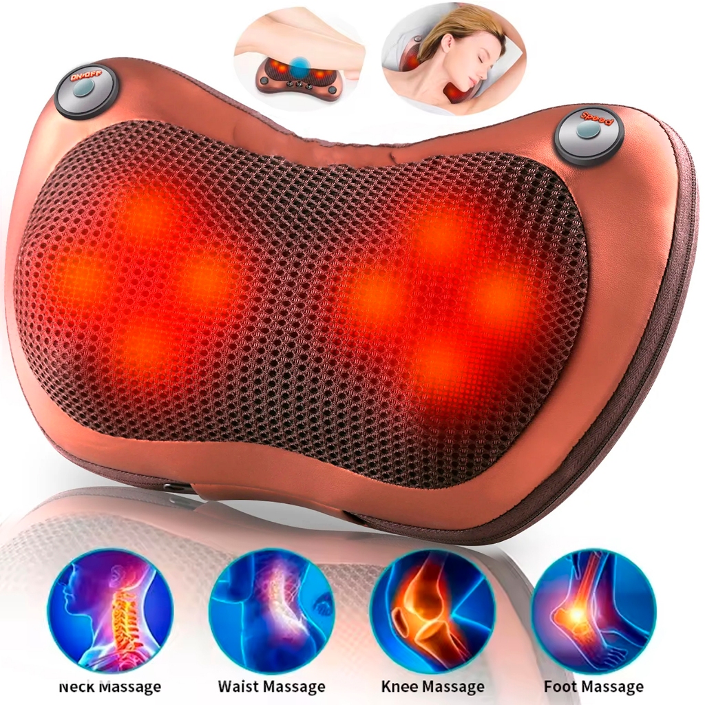 Imagem Encosto Massageador Shiatsu Lombar Pescoço Veicular 12v & 110V~220V Almofada Massageadora p/Carro
