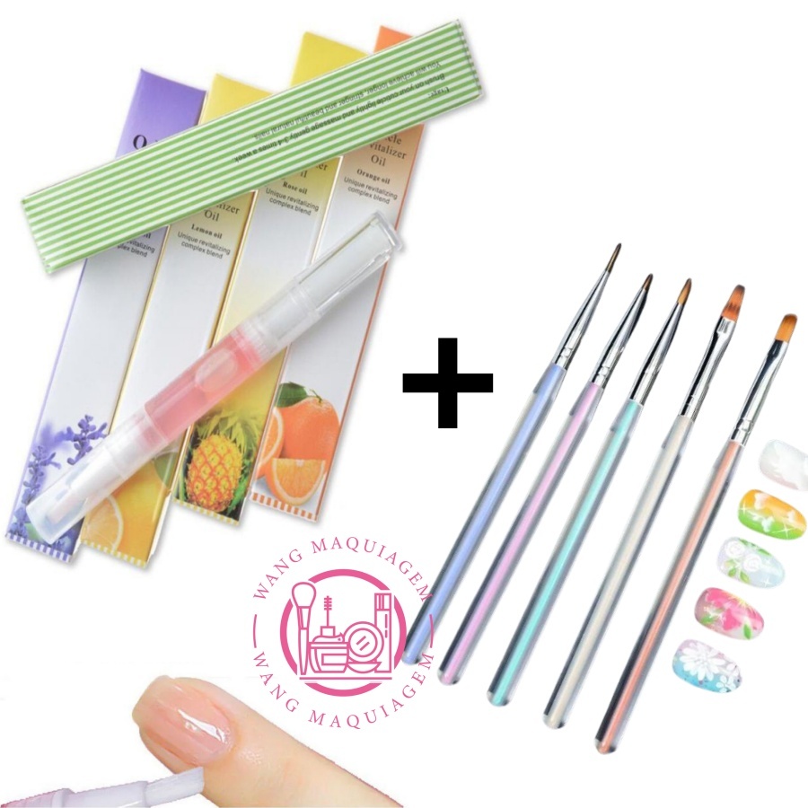 Conjunto Caneta Oleo Revitalizante Hidratante De Frutas + Kit 5 Pincéis Para Unhas Nail Art