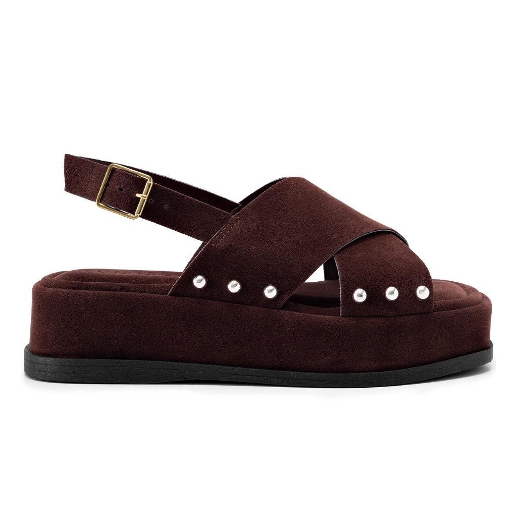 Detalhes do Sandália Feminina Lumiss Flatform Camurça Confortável Rebite Marrom