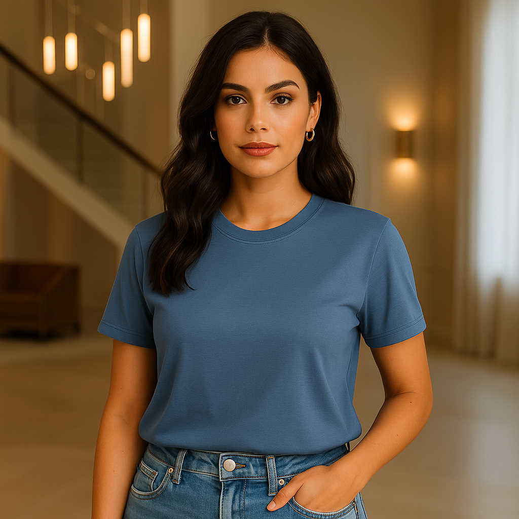 Camiseta Feminina Face Oculta  Azul 100% Algodão Versátil Confortável Estilosa