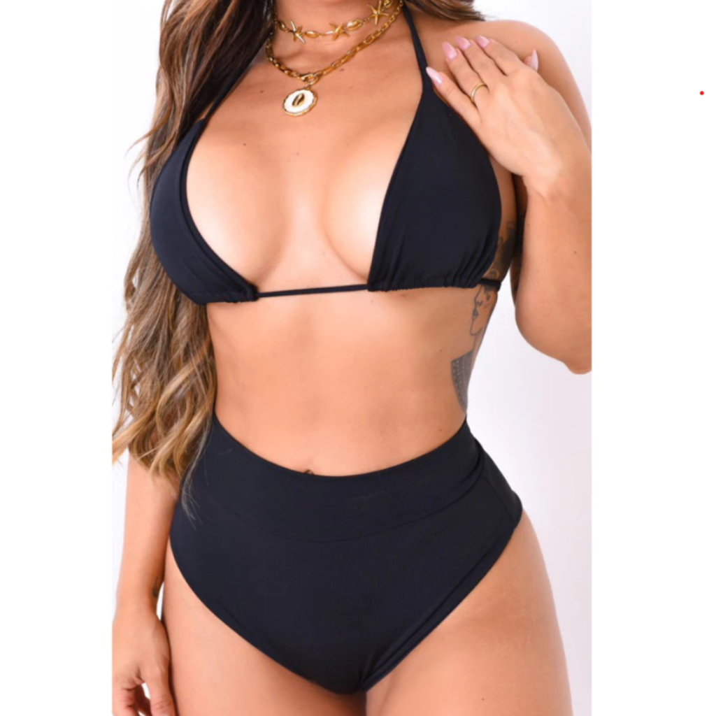 Biquini Hot Pant Cintura Alta Tradicional, Com Busto, Conjunto de Biquini Preto Básico
