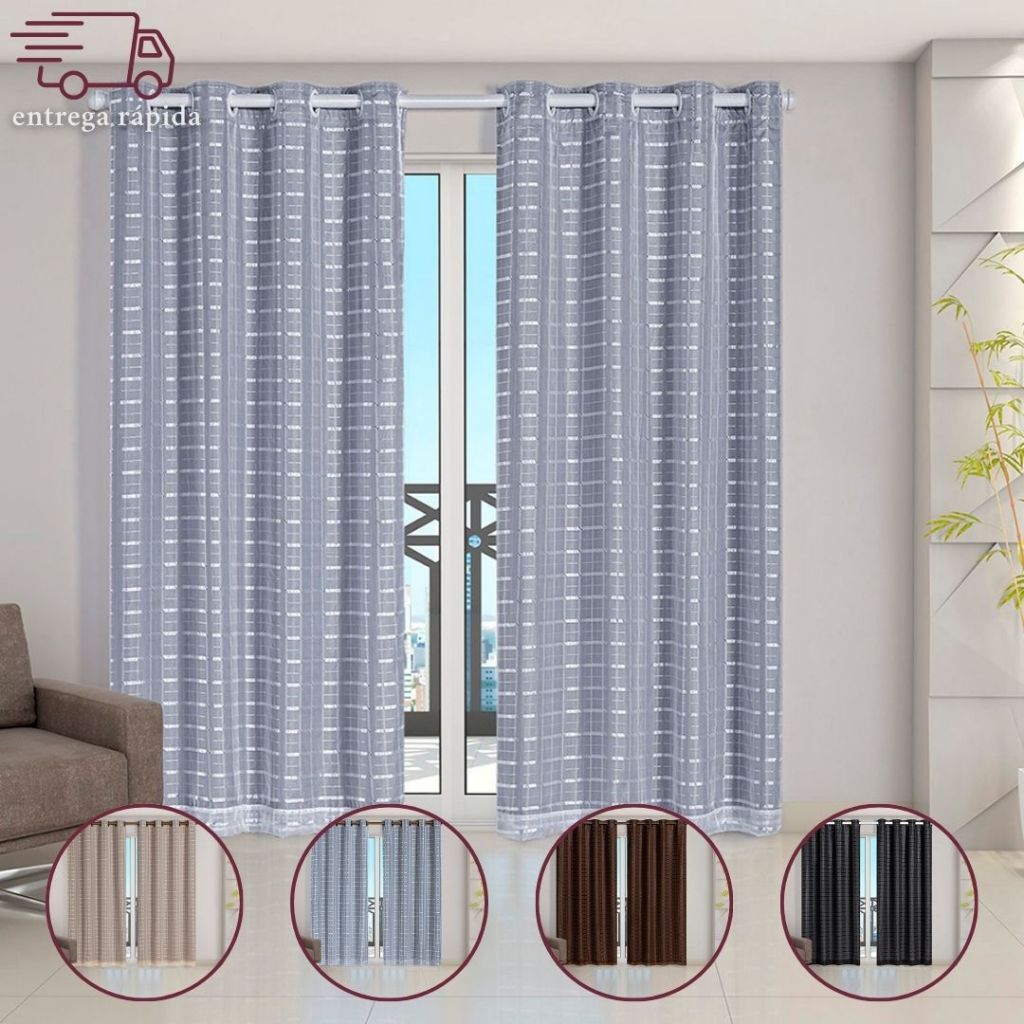 Cortina Blackout Cinza com Voil Xadrez Diferentes Tamanhos