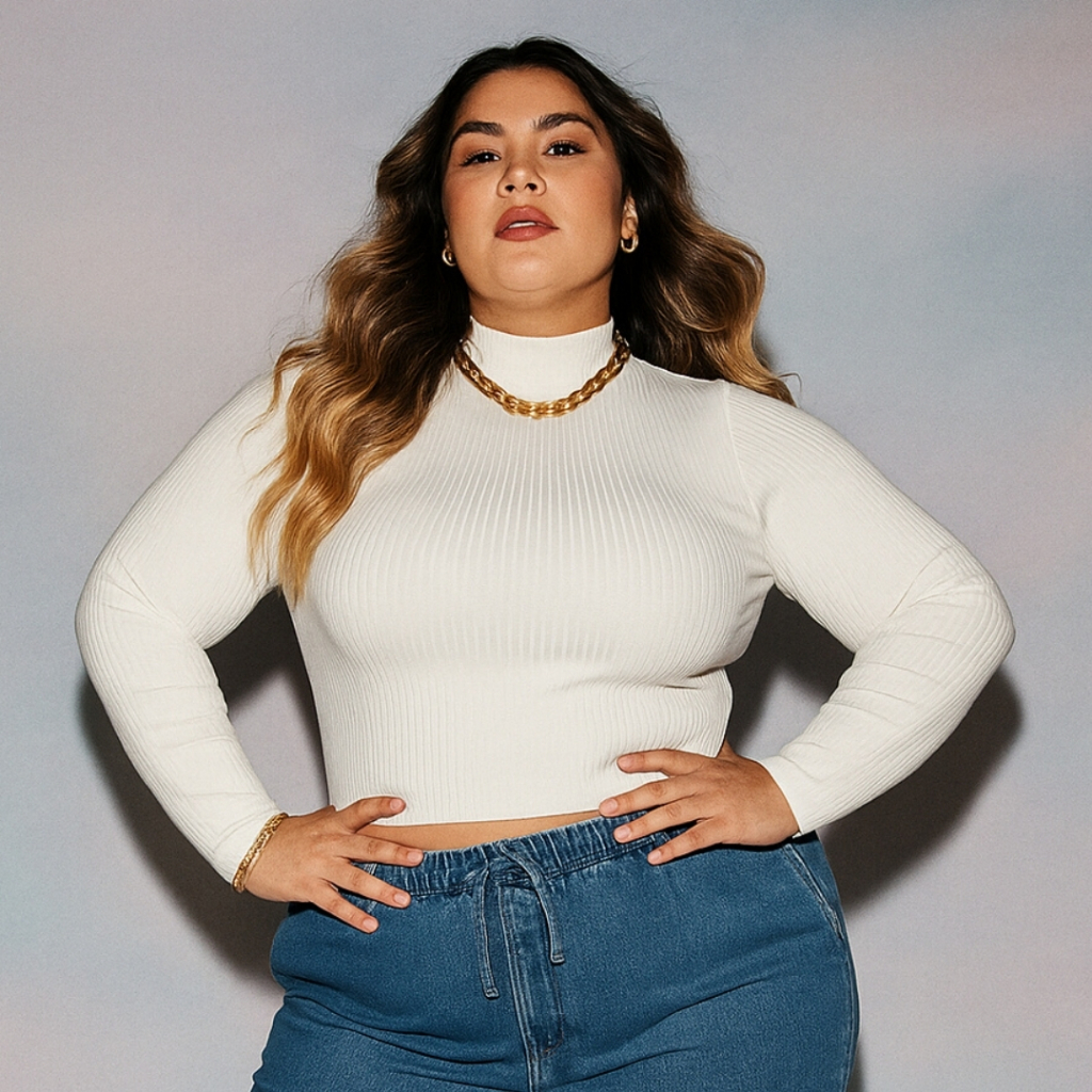 Cropped Manga Longa Plus Size Gola alta Canelado algodão Estiloso