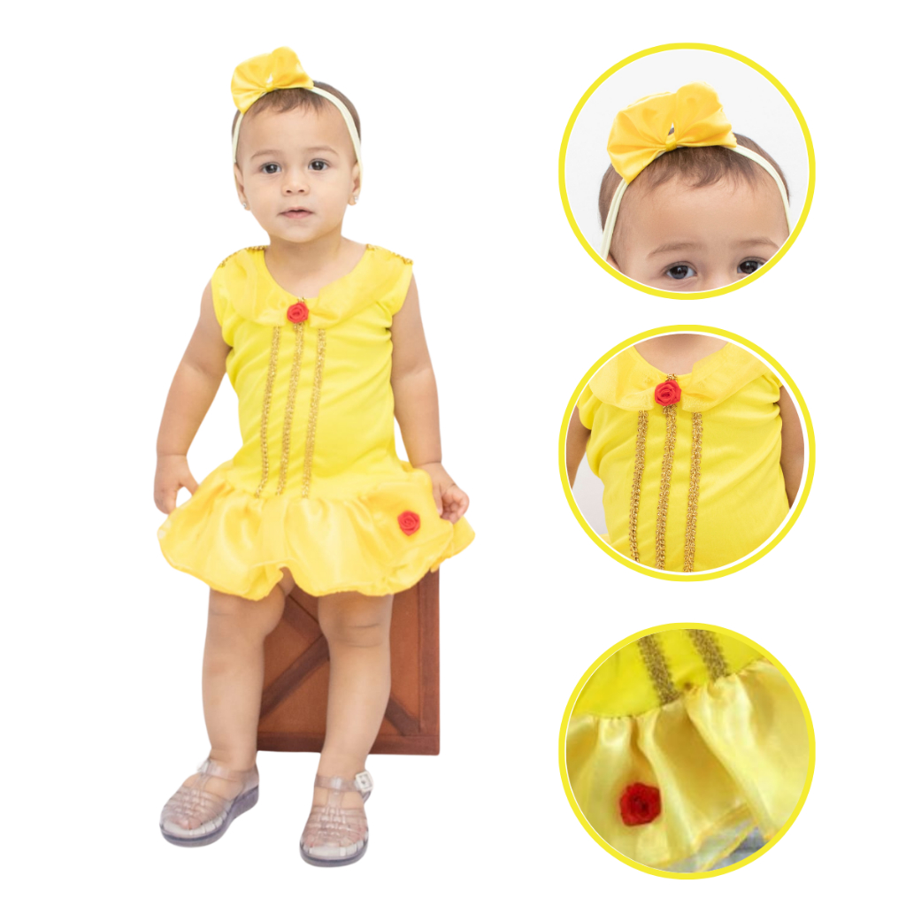 Vestido Fantasia Bebê Princesa Bela Menina Temática com laço
