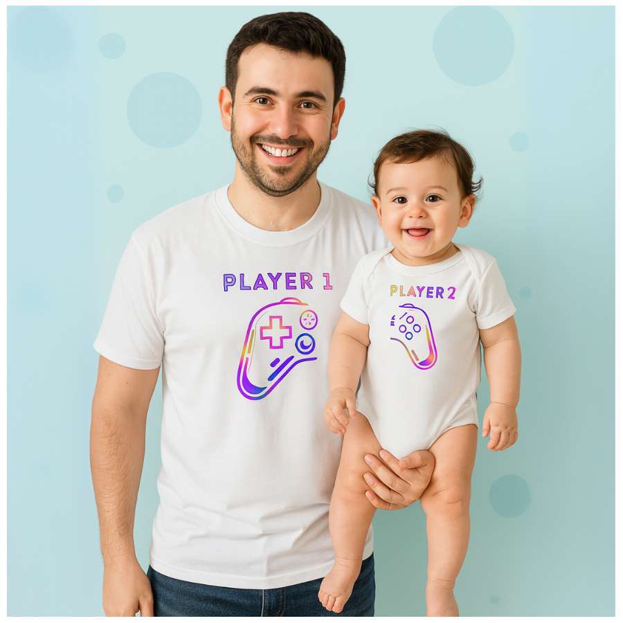 Kit Camiseta Frase Tal Pai e Filho Mãe e Filho 100% algodão player 1 e player 2