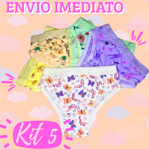 Kit 5 Calcinha Infantil Femininas 100% Algodão Cotton com Cós Elástico Estampas Variadas Meninas