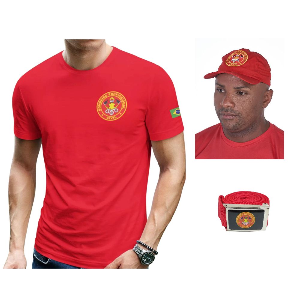 Kit Camiseta Estampada Bombeiro Civil + Boné Vermelho E Cinto Resinado em Oferta na Shopee