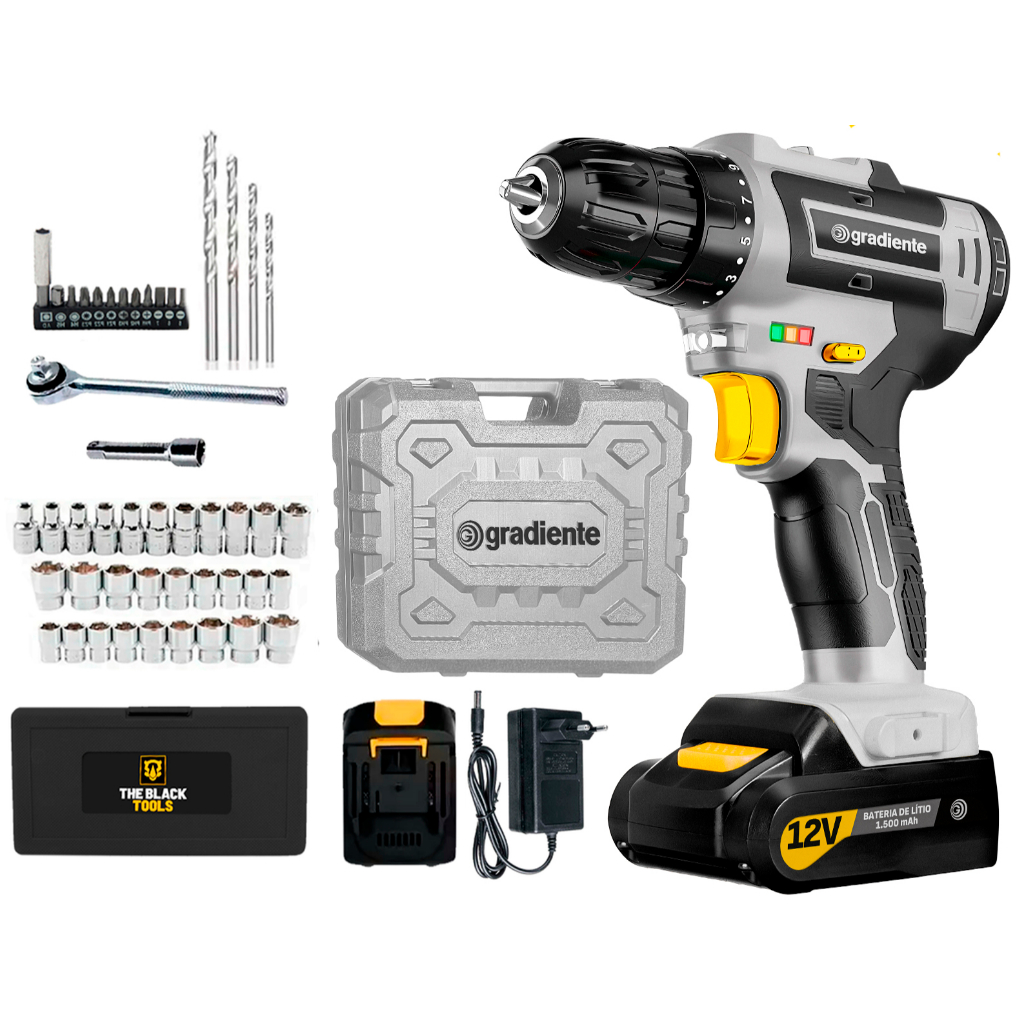 Parafusadeira Furadeira Bateria 12v 3/8 Gradiente + Kit Soquetes 40 Peças Reversível em Oferta na Shopee