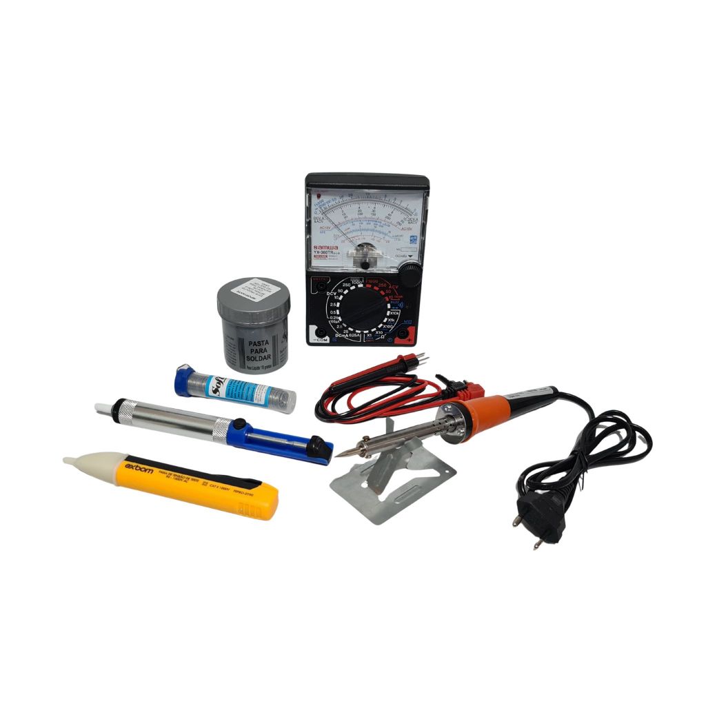 Kit Ferro solda 30w 110v + multimetro analógico + caneta + estanho + sugador + pasta de solda