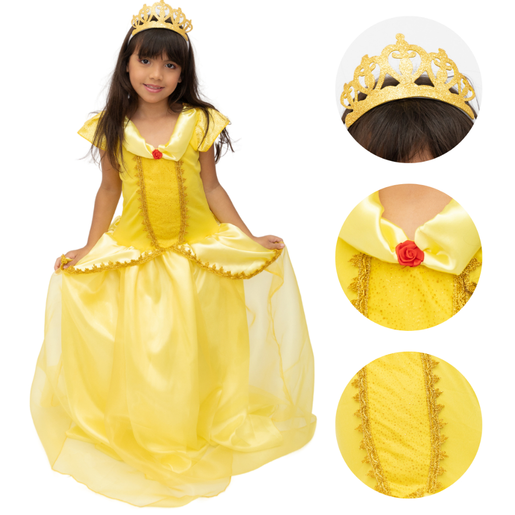 Vestido fantasia princesa da rosa encantada com coroa infantil longo e temático para meninas em aniversário