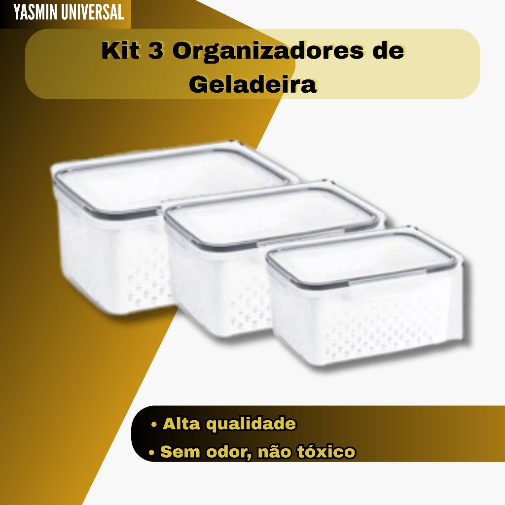 Kit 3 Organizadores de Geladeira Potes Herméticos Cozinha Alimentos Com Cesto Removível Lavar Frutas