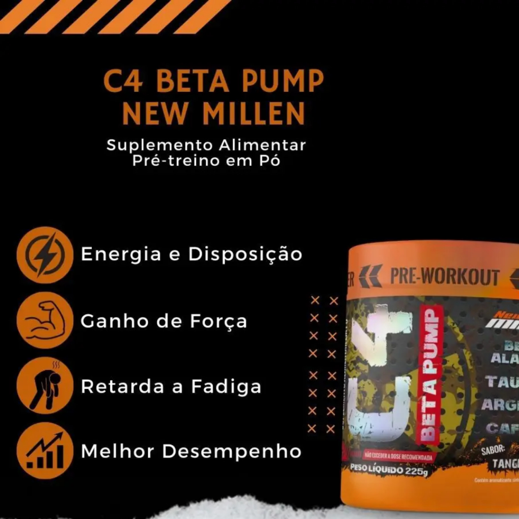 Detalhes do Kit Pré Treino C4 Beta Pump 225G New Millen + Coqueteleira 600ML Samurai Nutrition