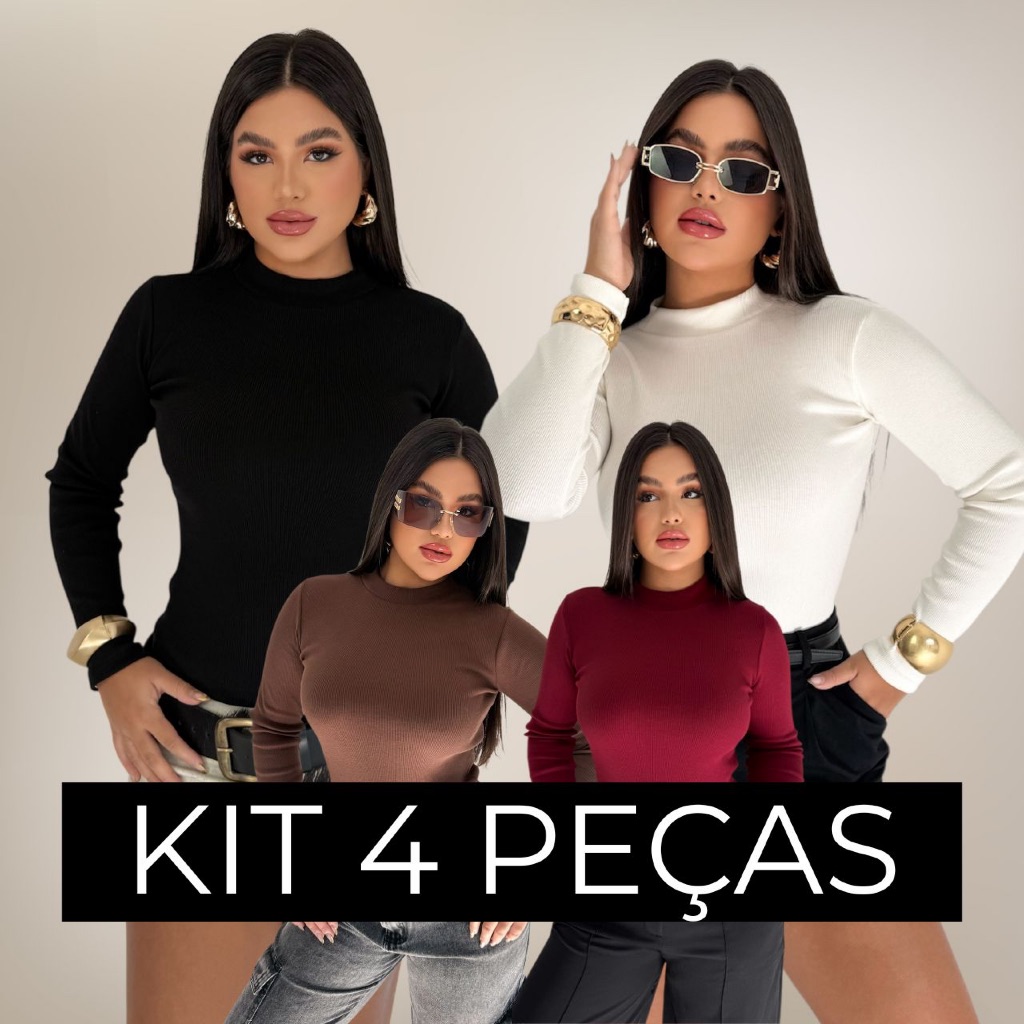 KIT 4 BLUSAS FEMININA OUTONO INVERNO MANGA LONGA CACHARREL GOLA ALTA RIBANA CANELADA