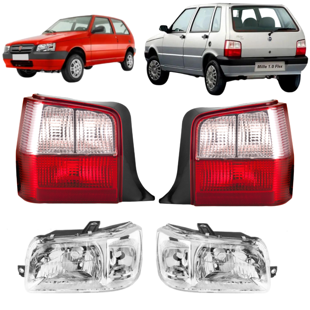 Kit Par Farol Uno Mille Fire CROMADO + Lanterna Traseira Fiat Uno Bicolor Cristal 2004 05 06 07 08 09 10 11 12