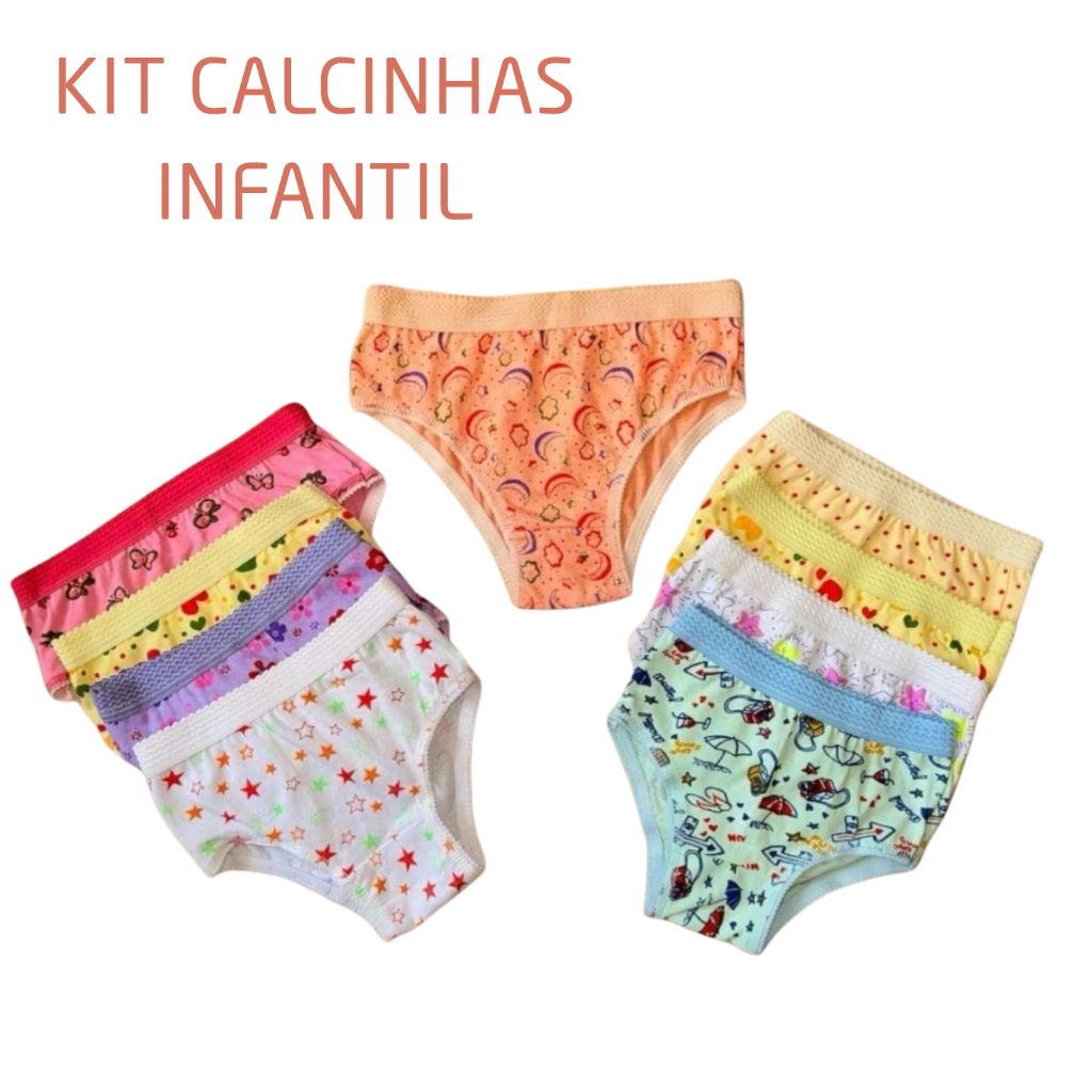 Kit 10 Calcinhas Infantil Menina Estampada Cós Elástico Estampas Sortidas Forro Algodão
