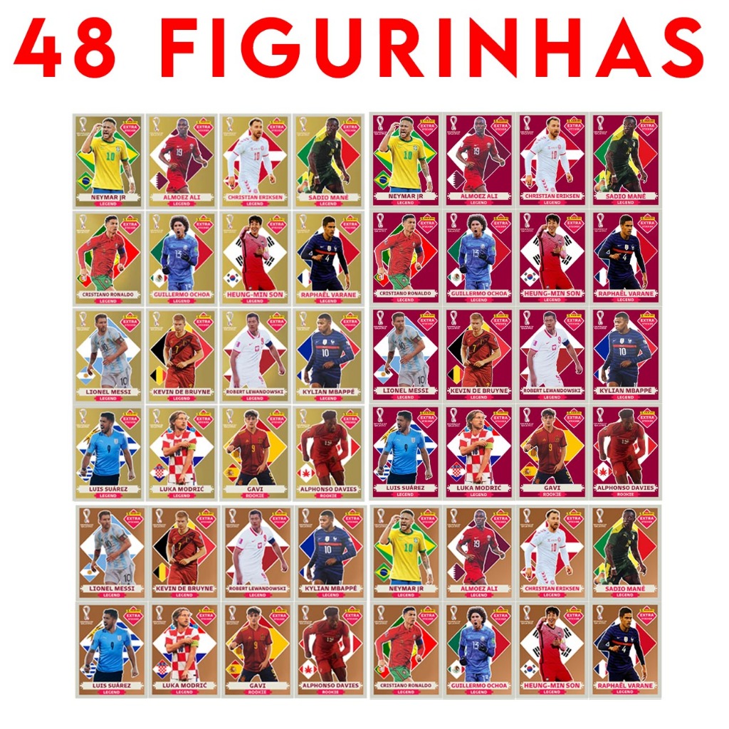 kit 48 Figurinhas Legends Cristiano Ronaldo Copa do Mundo 2022 - Neymar - CR7 - Extra Sticker - Messi