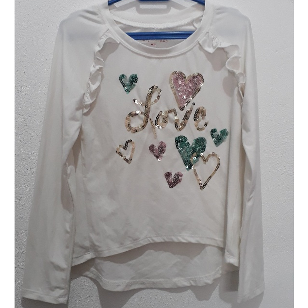 Blusa infantil off branca white tamanho 6 com apliques Love manga comprida Collete Lilly