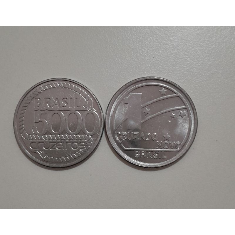 Moeda 5000 Cruzeiros Tiradentes 1992 e Moeda 1 Cruzado Novo 1989.