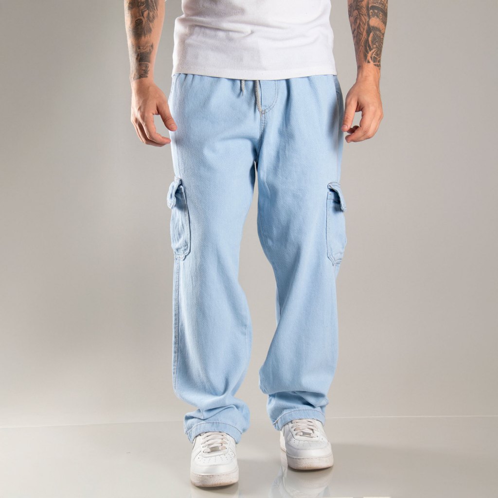 Calça Cargo Balão Bag Larga Jeans Premium 100% Algodão Bolso Lateral Tecido Grosso