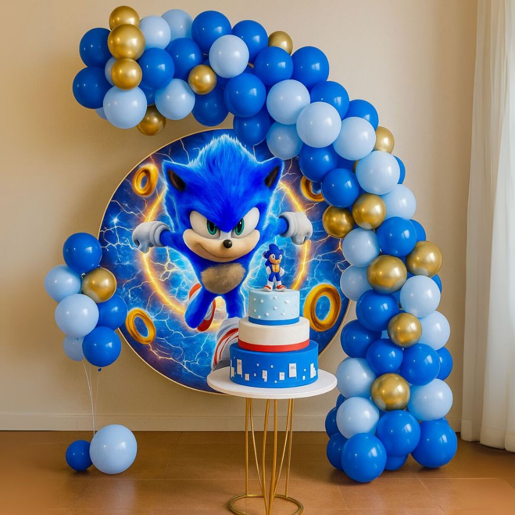 Kit Festa 125 Balões Decoração Azul Sonic + Fita Arco - Balão Bexiga Liso/Cromado Aniversário