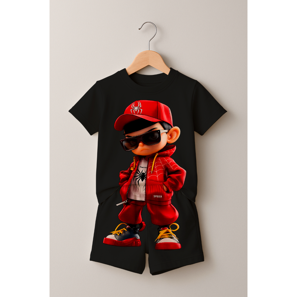 Conjunto Menor Marrento Spider Estiloso Camiseta Bermuda Infantil Juvenil Estampado 100% Algodão
